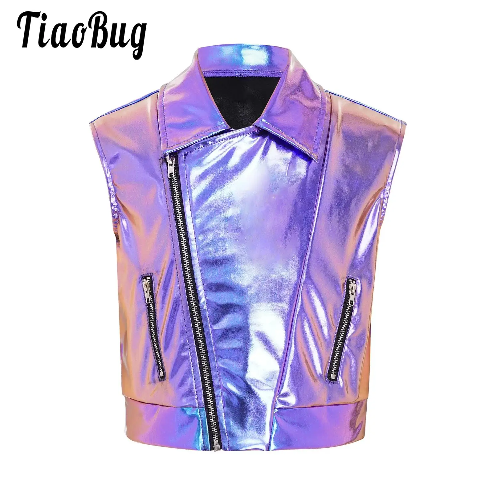 

Kids Boys Girls Metallic Disco Jazz Waistcoat for Modern Hip Hop Dance Stage Performance Turn-Down Collar Sleeveless Zipper Vest
