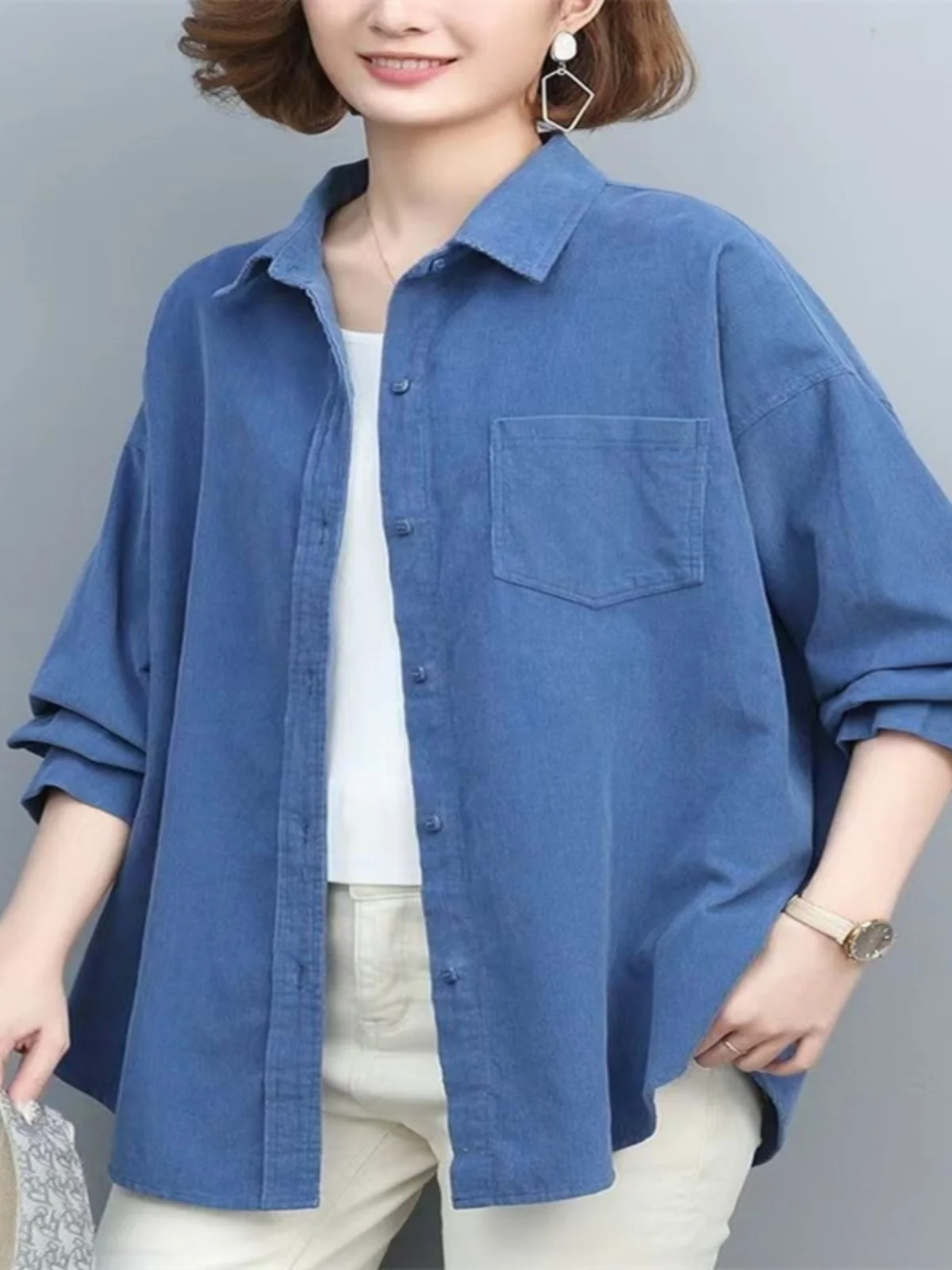 Fashionable Casual Chic Color Simple Style Long Sleeve Shirt for Mom Autumn New Arrival Korean Version Large Size Top