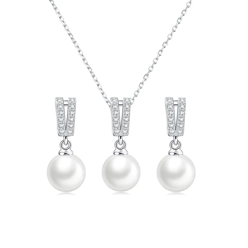 New 925 Sterling Silver Women's Jewelry Set Pearl Necklace Earring Set For Women Bride Wedding Party Silver 925 Jewelry Gift