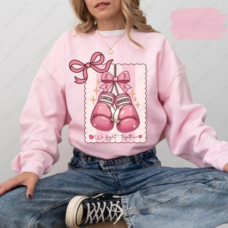 Breast Cancer Awareness Men Women Sweatshirt Pink Boxing Gloves We Fight Together Pullover Cool Popular All Match Vintage Hoodie