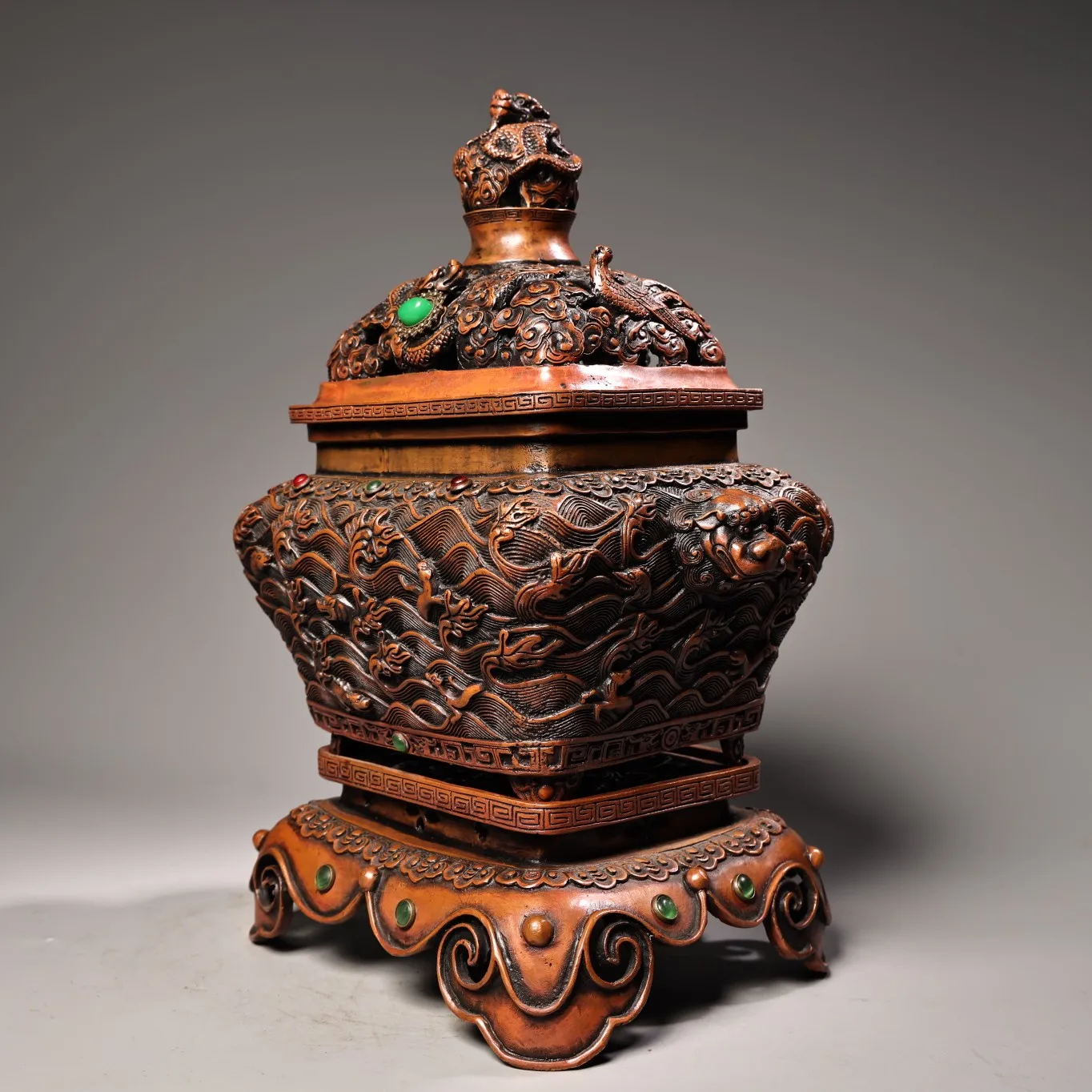 

13"Tibetan Temple Collection Old Bronze Mosaic Gem Long Gai Beast Head Ear Beast Incense Burner Amass wealth Ornaments