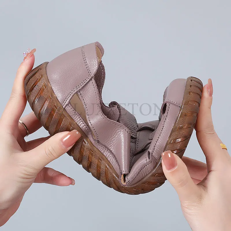 Women Genuine Leather Sandals Summer Ladies Shoes Comfortable Ankle Hollow Round Toe Sandals Woman Soft Beach Sole Female Shoes