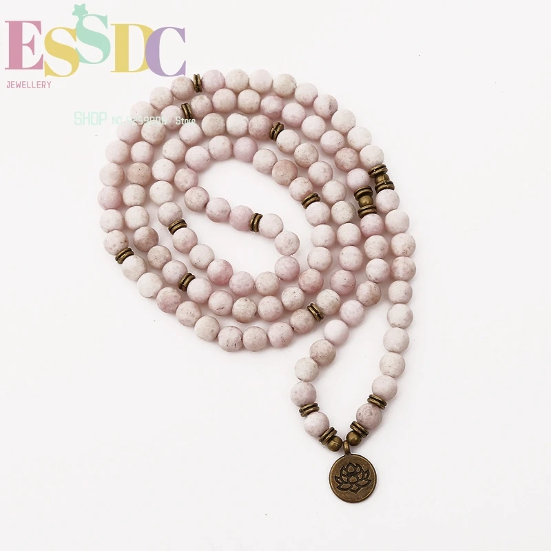 Buddhist 108 Mala Natural Mashan Stone Pink White Lotus Pendant Fashion Women's Chakra Yoga Healing Bracelet Wholesale image 3