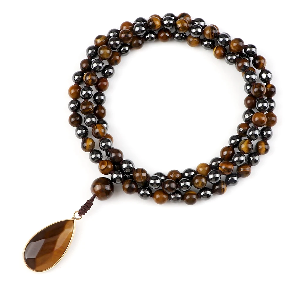 Men Hematite Tiger Eye Beaded Necklaces Classic Natural Stone Beads Pendant Necklaces Women 108 Mala Health Protection Jewelry