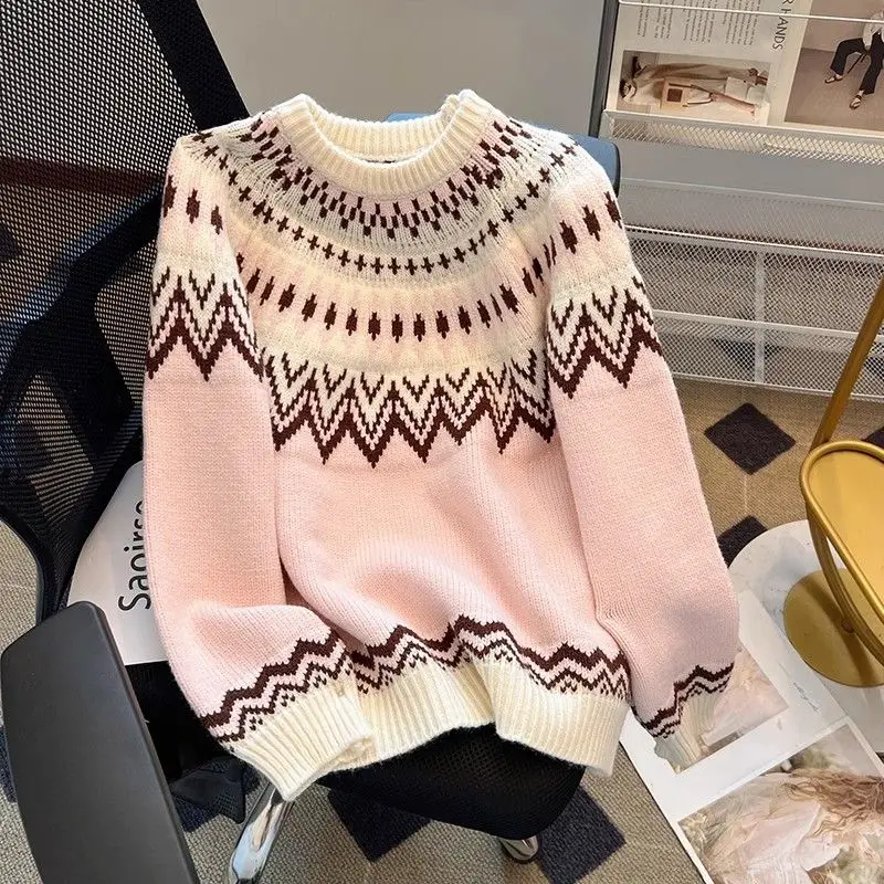 

Lazy Style Retro Fair Isle Pullover Sweater for Women in Autumn and Winter Loose Soft Waxy Western Style Sweater Thickened Top