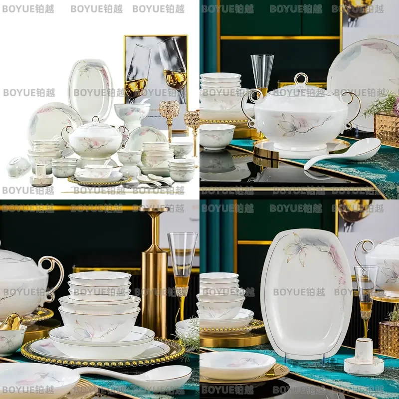Luxury Bone China Dinnerware Set Gold Rim Plates Household Tableware Elegant Wedding Housewarming Gift Ceramic Dish