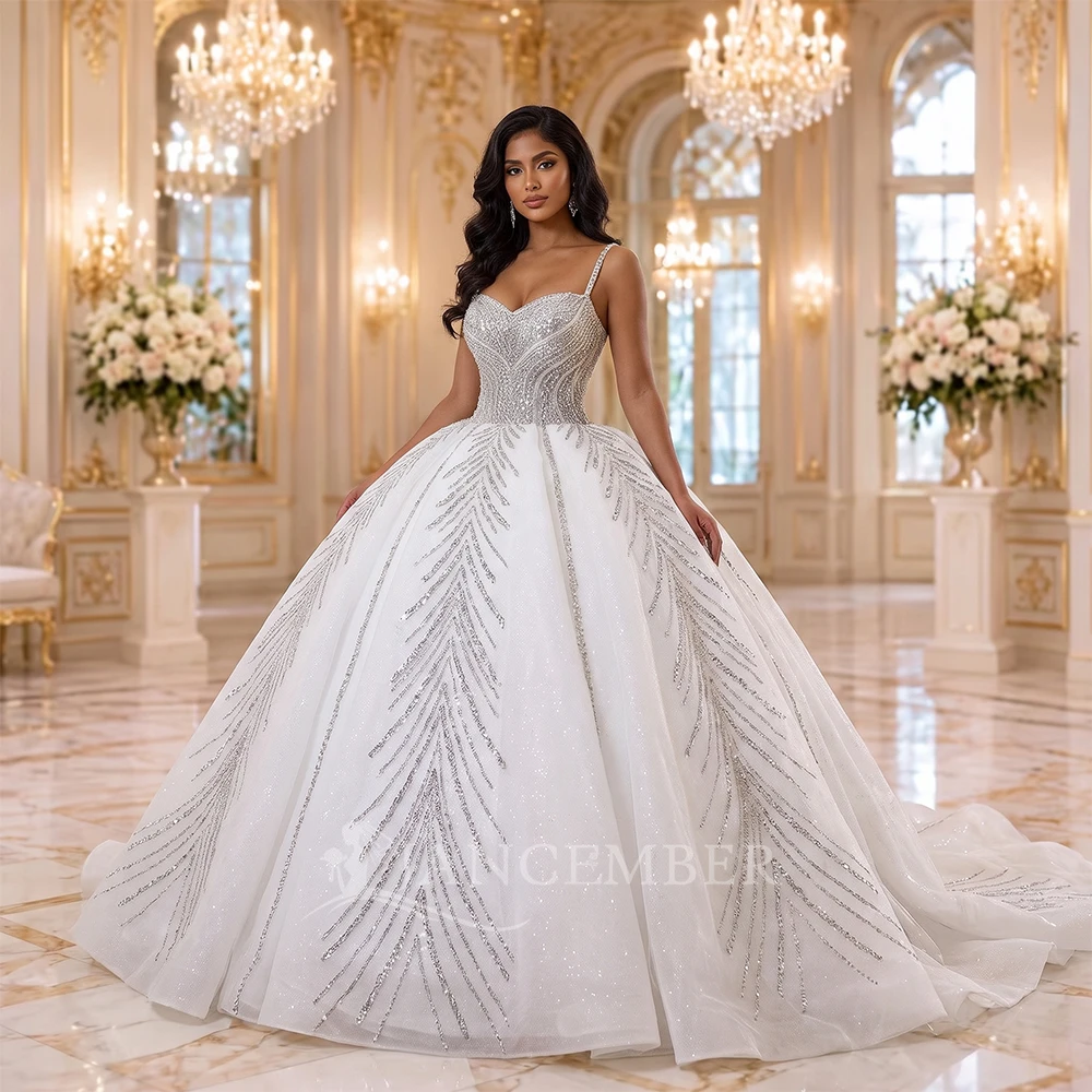Luxurious White Sequin Ball Gown Customized Wedding Dress For 2026 Bride Spaghetti Straps Court Train Scoop Vestido De Novia