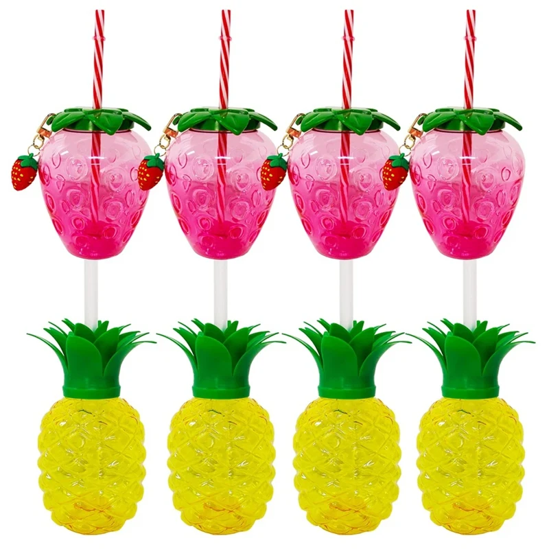 

8PCS Pineapple Cups Straw Strawberry Cup With Pendant Party Decoration Luau Tropical Summer Beach Drinking Cup