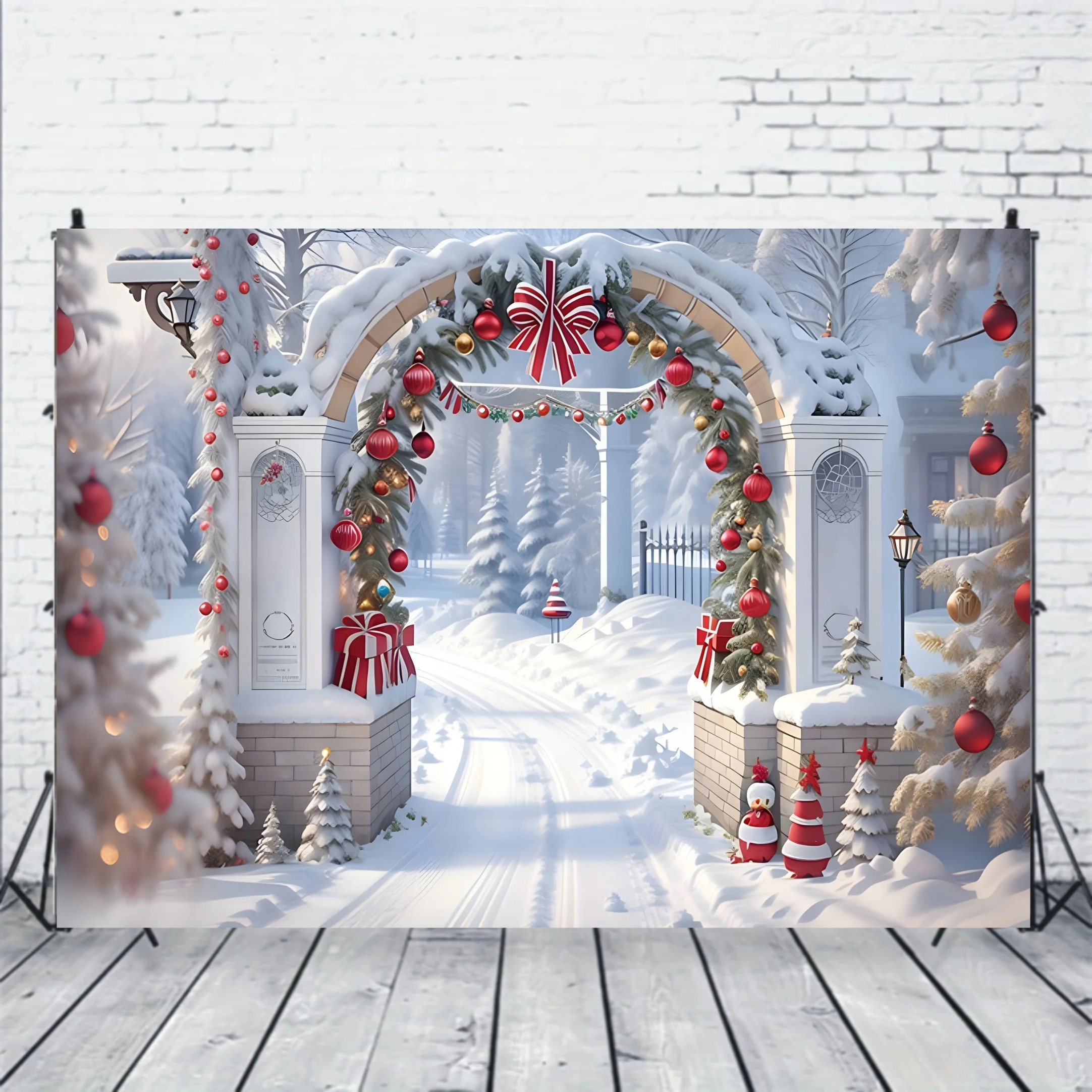 Winter Wonderland Christmas backdrop | Country Arch with snow view trees | for party decoration photos, cake table banners