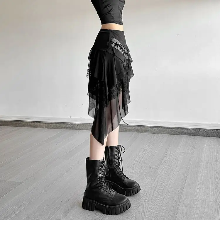 26SS Punk Lace Stitching Design Irregular Lace-up Skirt Women