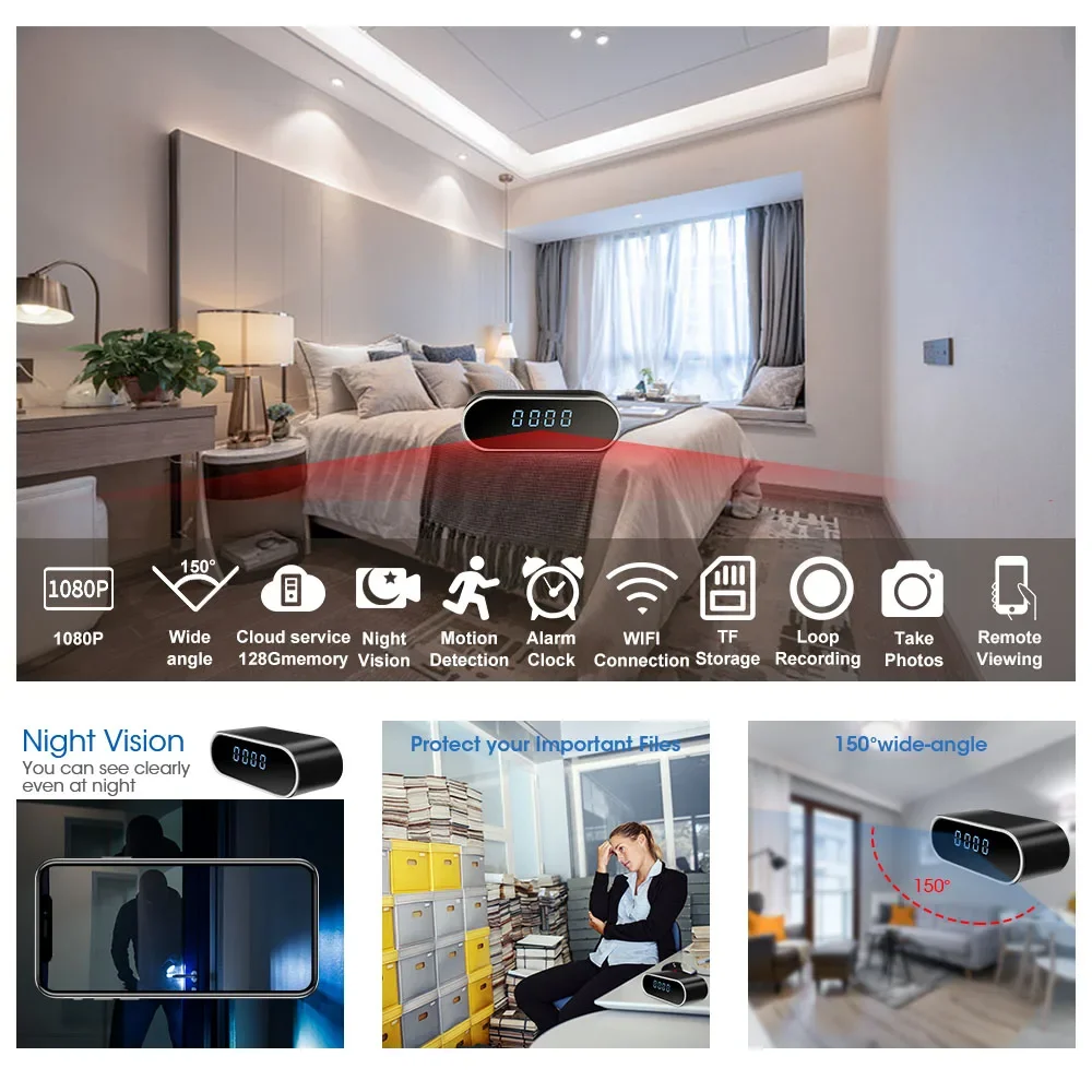Wireless mini clock camera supports WiFi night vision IP HD 4K camera, used for home and office monitoring, nanny network cam - Image 2