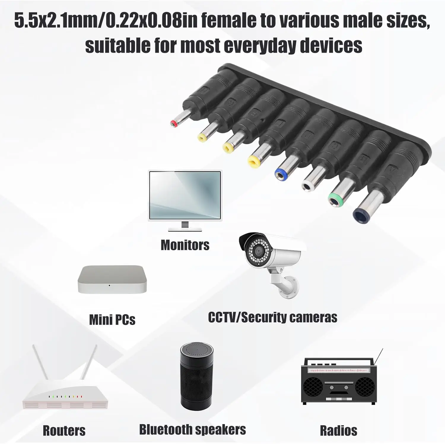 DC Adapter Connectors DC Barrel Jack Plug Power Adapter 5.5x2.1 mm Female to Male Adapter Tip for Monitor Webcam Router Laptop