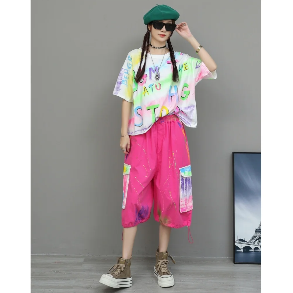 

Unique Niche Painted Graffiti Suit Women 2026 Summer Letter-print Short-sleeve T-shirt + Loose-fitting Pant Two Piece Set XY172
