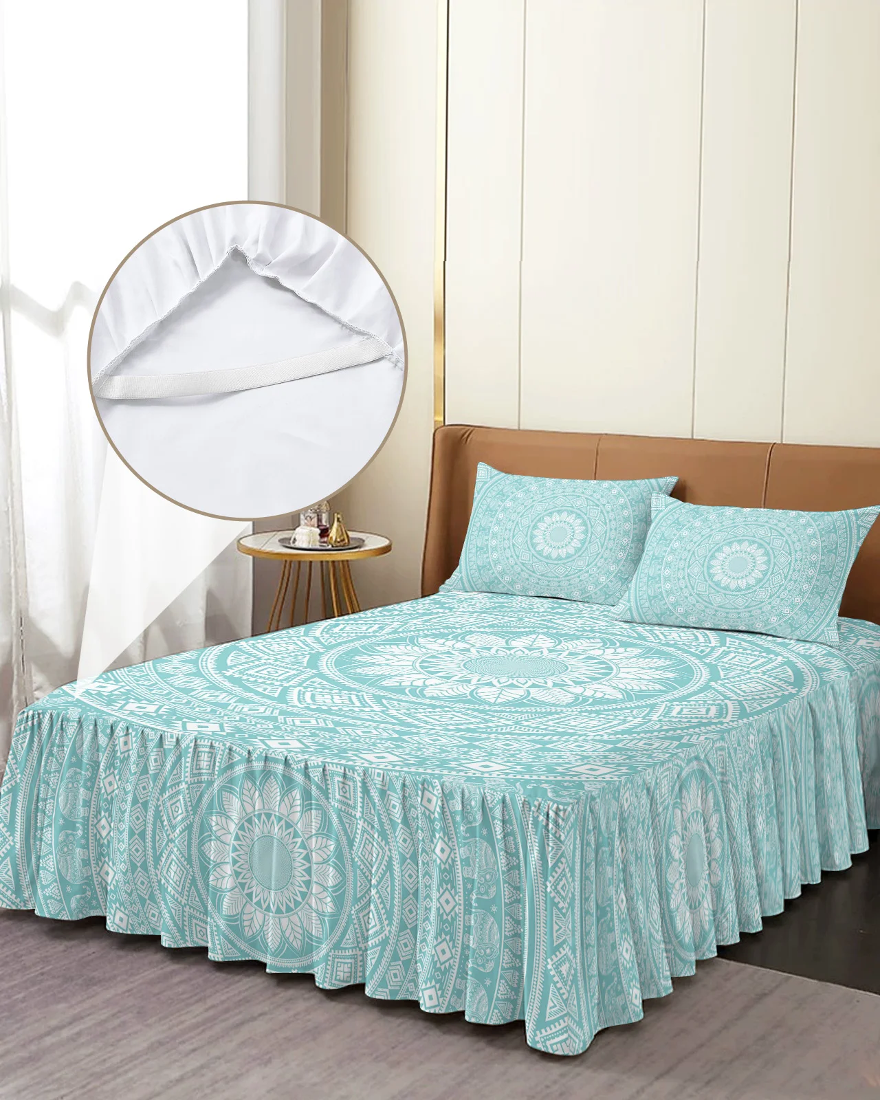 Mandala Flower Bohemian Bed Skirt Elastic Fitted Bedspread With Pillowcases Bed Protector Mattress Cover Bedding Set Bed Sheet