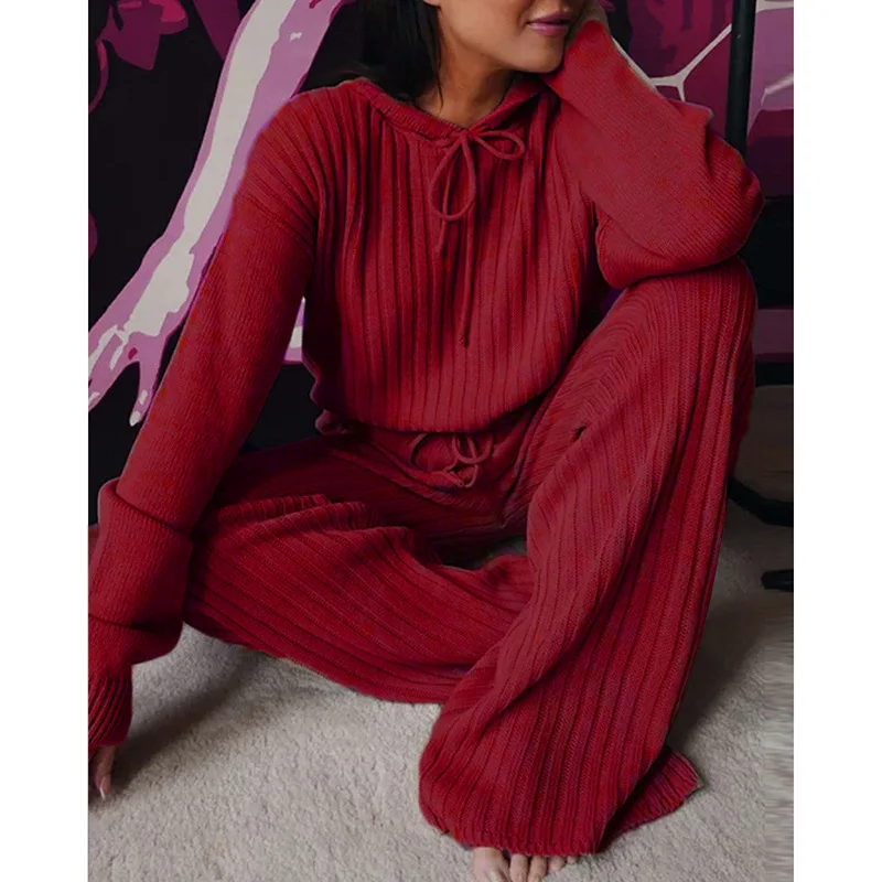 Fashion Long Sleeve Knitted Pant Sets Women Autumn Winter Home Casual Comfortable 2 Piece Sets Women Outfit Two Piece Set