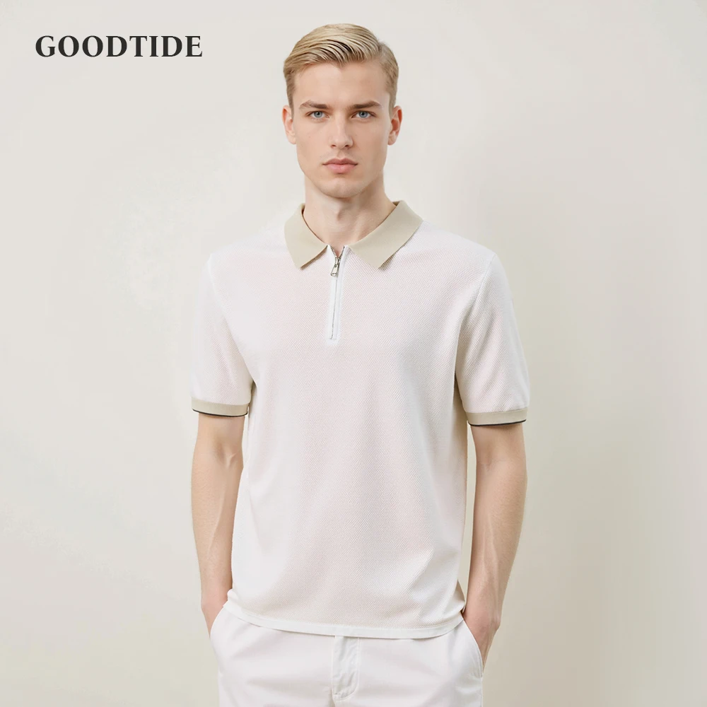 

Мужская повседневная рубашка-поло с контрастным воротником и манжетами, топ с короткими рукавами на молнии, мягкий дышащий модный весенне-летний пуловер