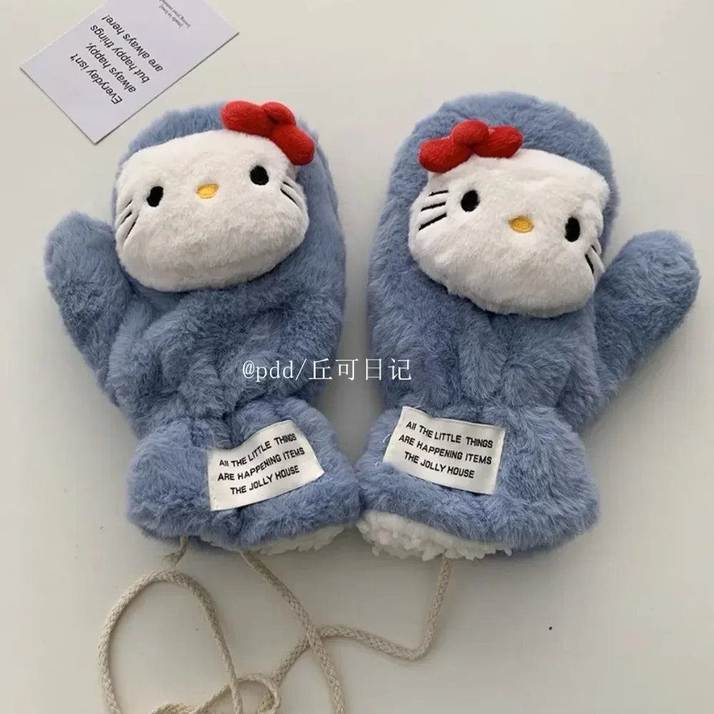 Miniso hello kitty luvas de pelúcia bonito dupla camada luvas de dedo kawaii outono inverno estudante ciclismo luvas anticongelantes