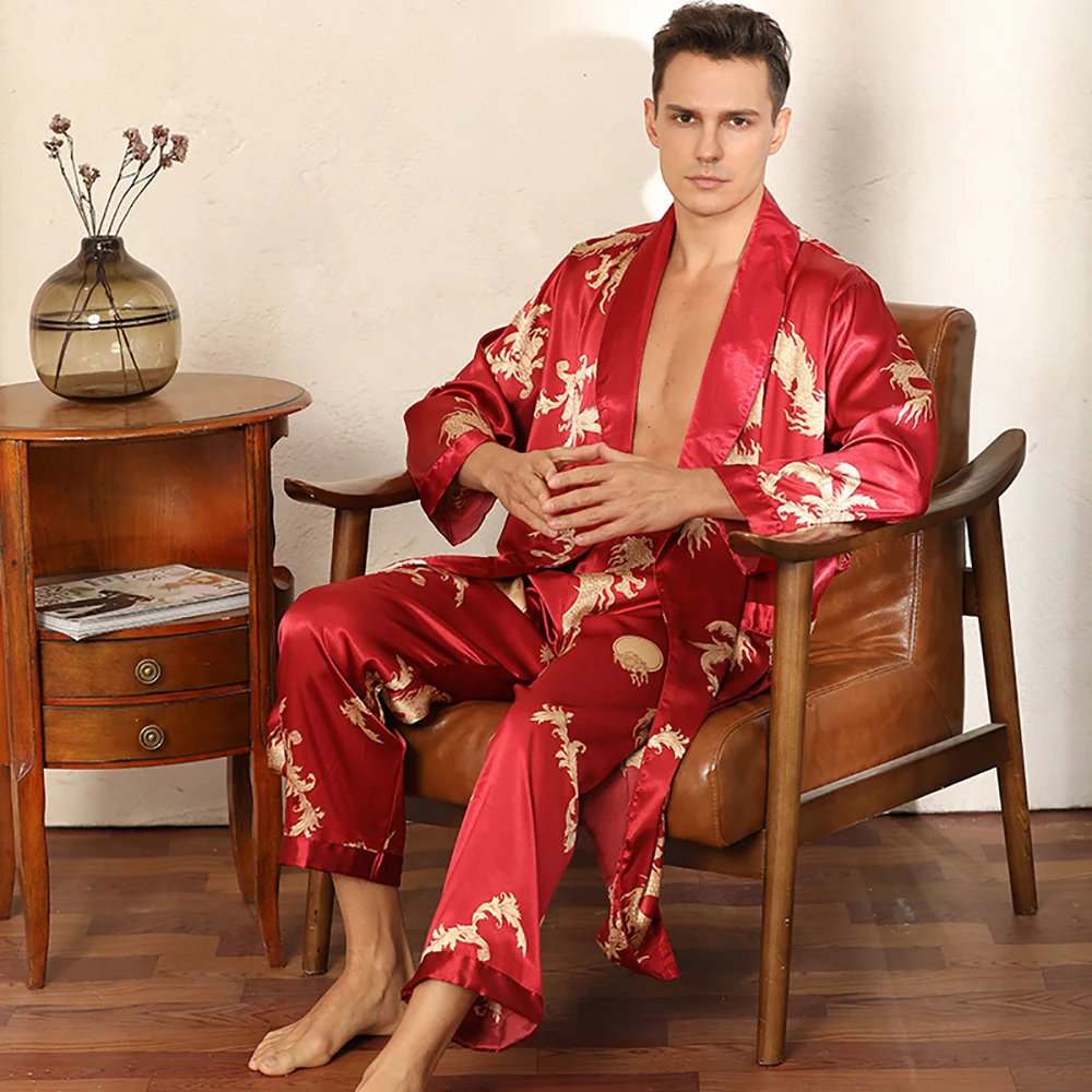 luxuriöser Drachendruck Herren-Kimono aus schwarzem Satin, lange Robe-Sets, Sommer, ultradünn, cooler Mann, Seidenroben + Pyjamahose, Kimono hombre