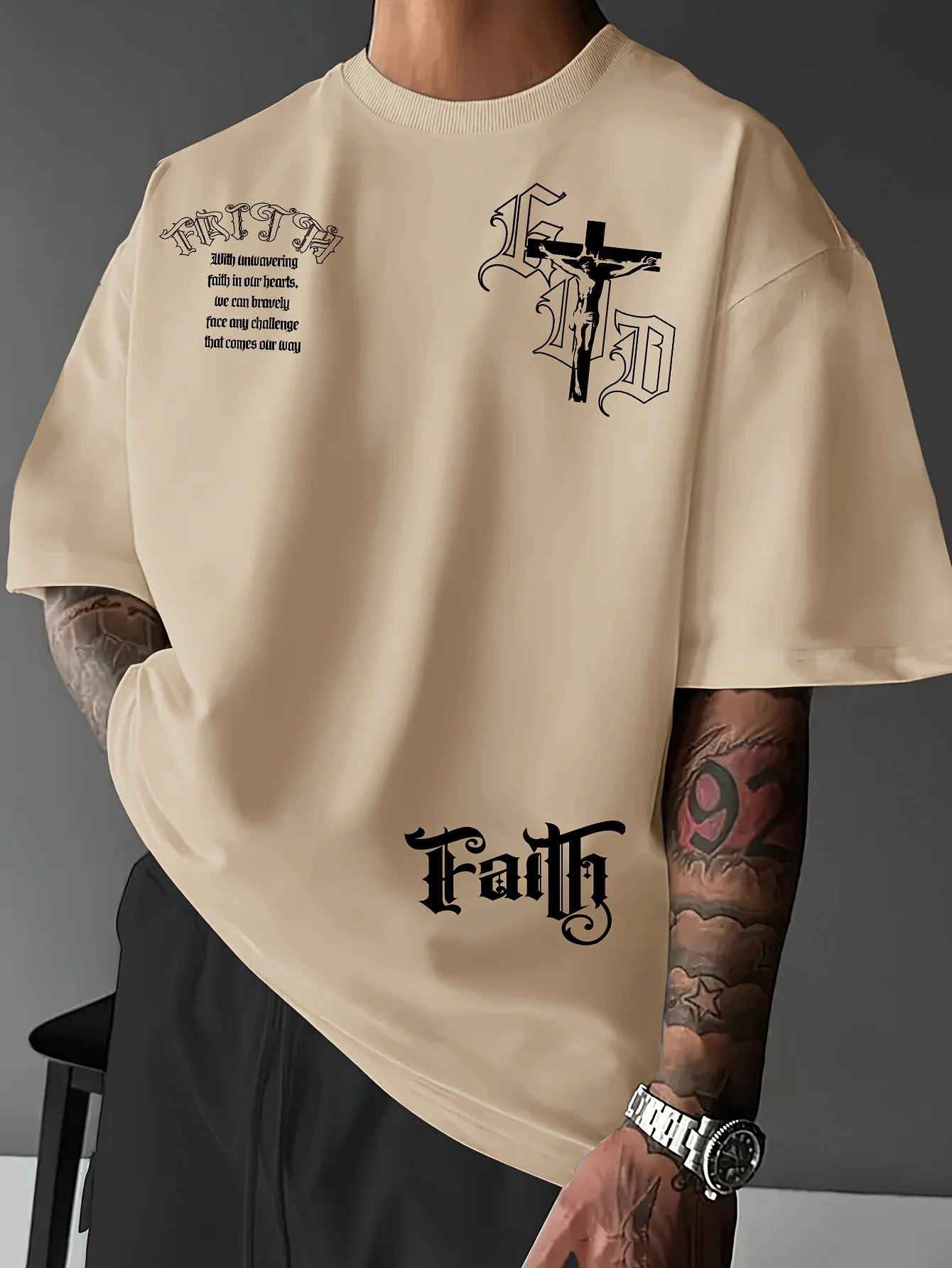 Fashionable Summer New Men's Devout Cross Print Comfortable and Breathable Round Neck T-Shirt Outdoor Street Style Top