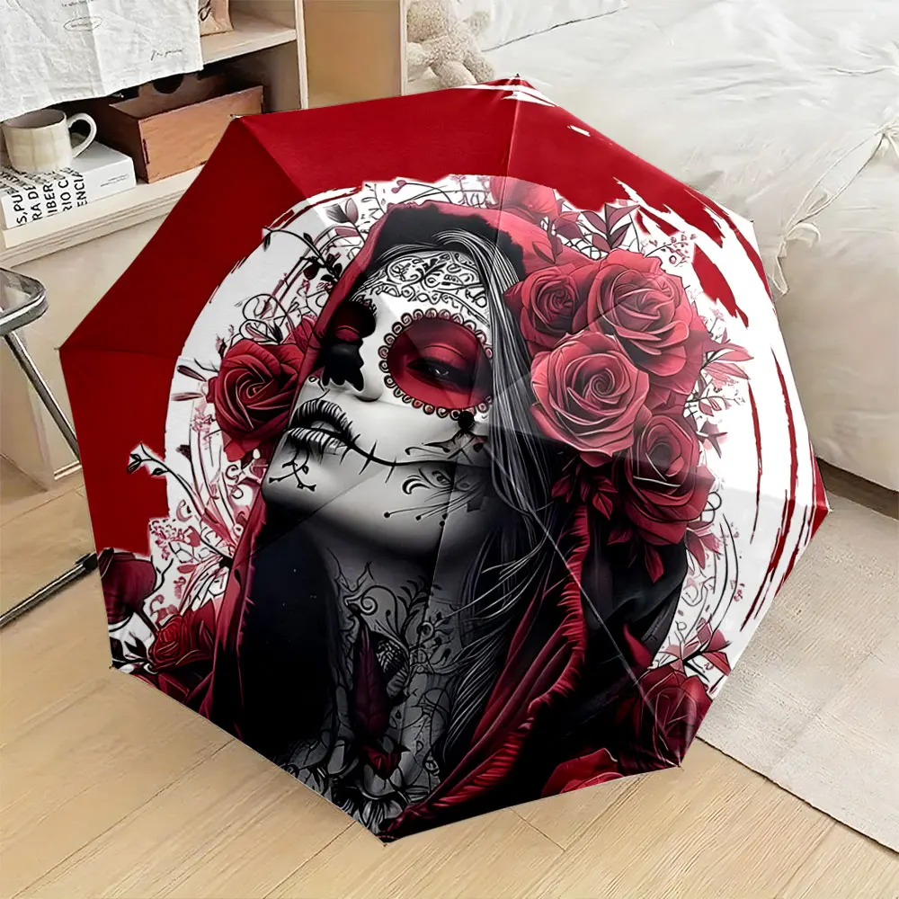 1PC Thematic Design Umbrella with Artistic Skeleton Illustration Print 8 Iron Ribs Folding Umbrella Auto-Open Fashion Sunshade