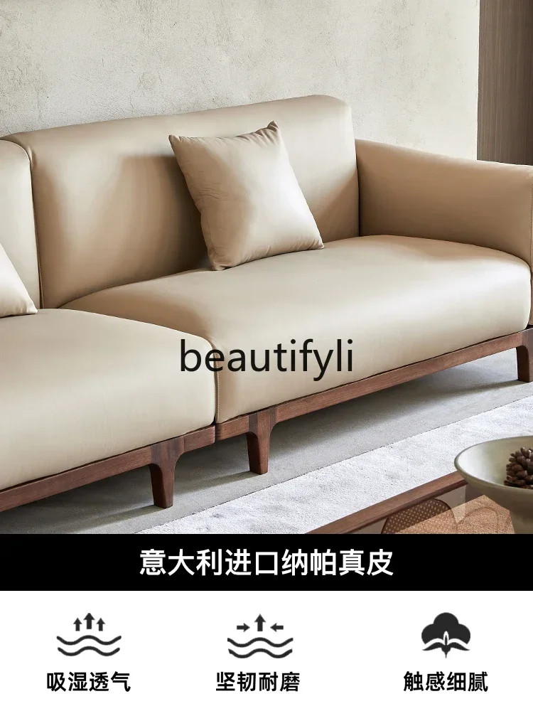 North American black walnut sofa leather living room straight row sofa solid wood light luxury four peopleQQ