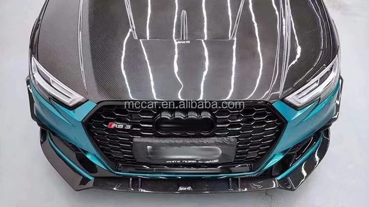 غطاء محرك السيارة خفيف الوزن من ألياف الكربون الجافة لسيارة أودي RS3 2017-19 طقم غطاء محرك السيارة الأمامي