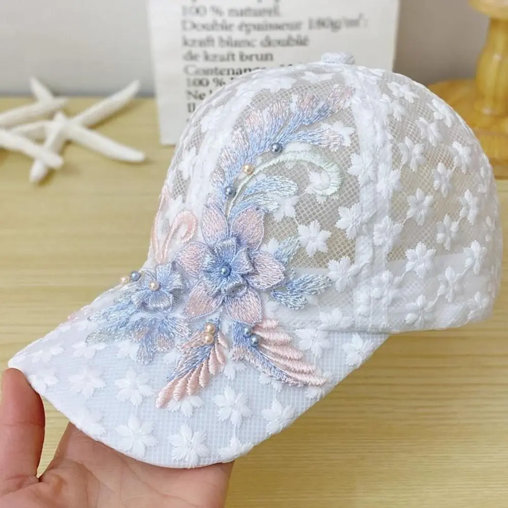 Breathable Embroidery Ladies Caps Quick Drying Ultra-Thin Summer Lace Mesh Sun Hat Hollow Out White Baseball Hat Lace Travel