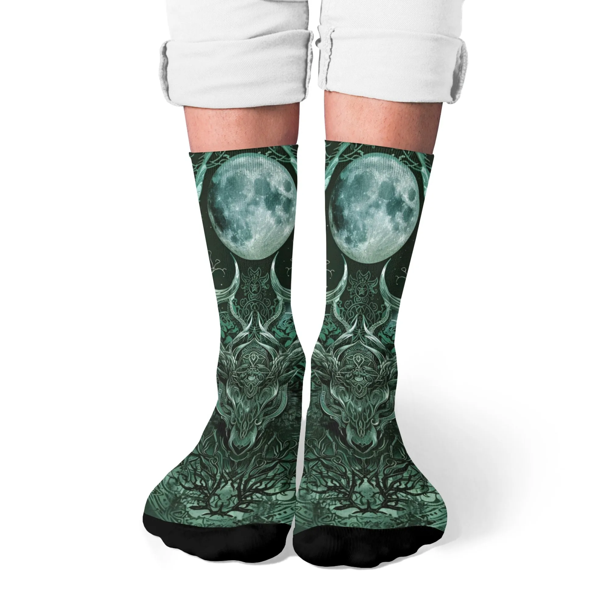 

Mystical-Style Crew Socks with Full Moon Decorative Deer Head & Complex Patterns Enchanting Nature Mystics & Witchy Aesthetics