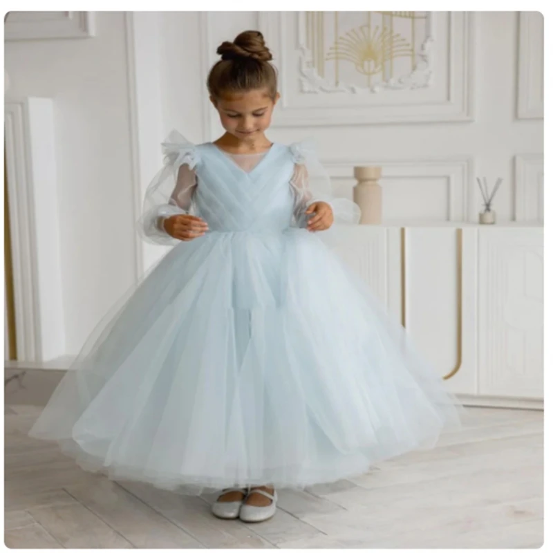 Luz Azul Tulle Puffy Flower Girl Dress, Manga Comprida Rendas, Comprimento do Tornozelo, Casamento, Aniversário, Concurso, Anfitrião, Vestidos de Primeira Comunhão