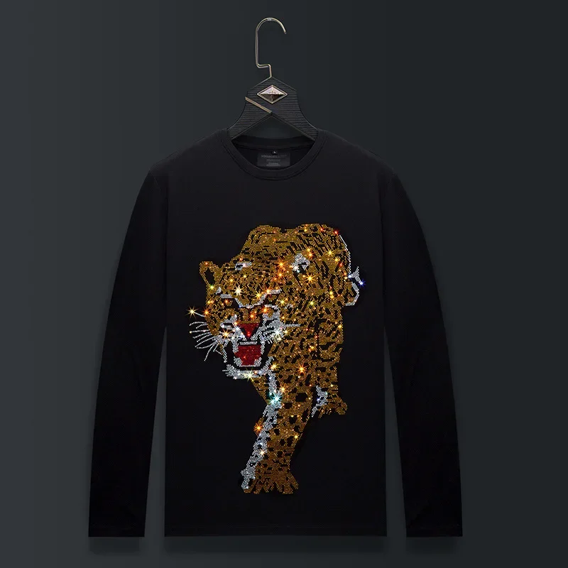

Plus Size O Neck Long Sleeve T Shirts Men Fashion Streetwear Cartoon Cheetah Rhinestones Modal Cotton Slim Tshirts Mens Clothing