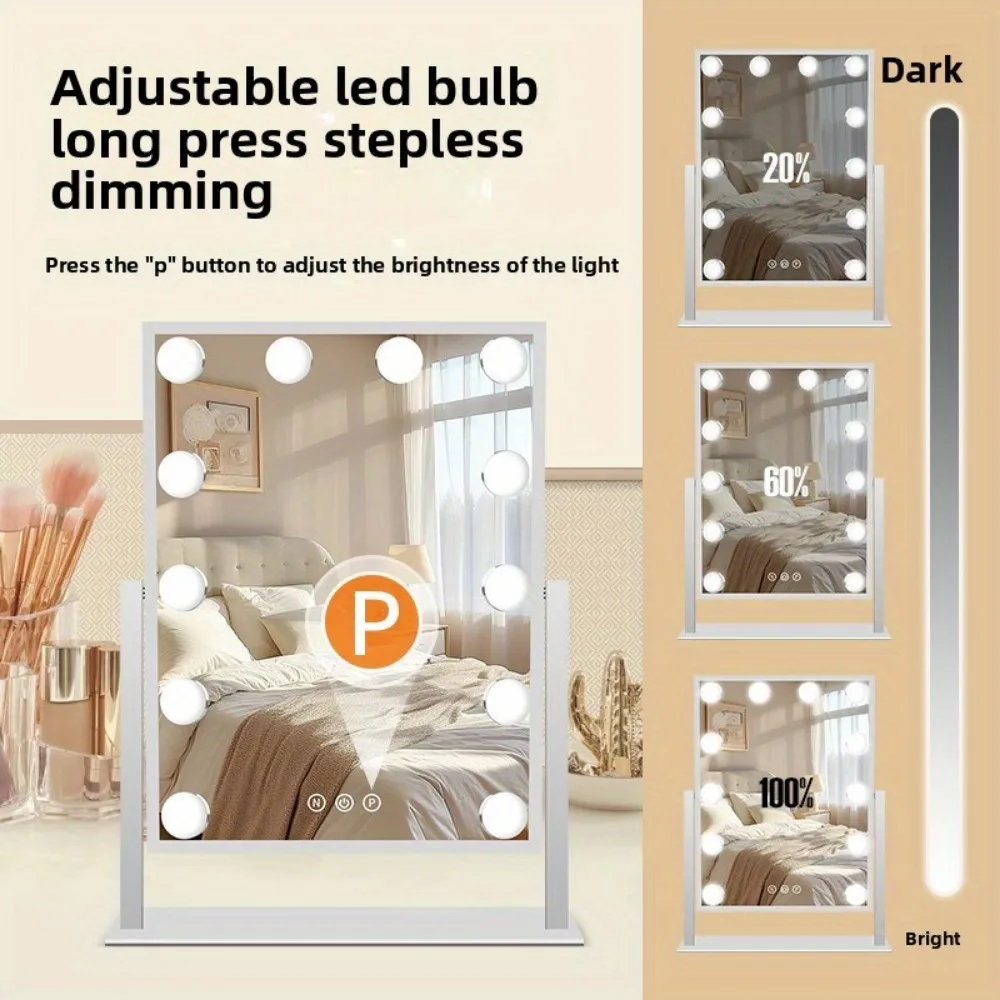Espejo de tocador con luces Espejo de maquillaje Hollywood con 12 bombillas LED Iluminación de 3 colores 360 ° Rotación para Vestidor y Dormitorio