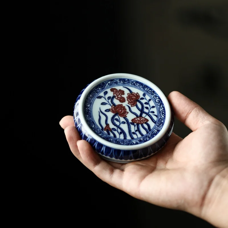 Handmade Blue and White Glazed Red Cover Hand Painted Interlock Branch Lotus Cover Holder Applicable Pot Lid Cup Lid Tea Mat Dec