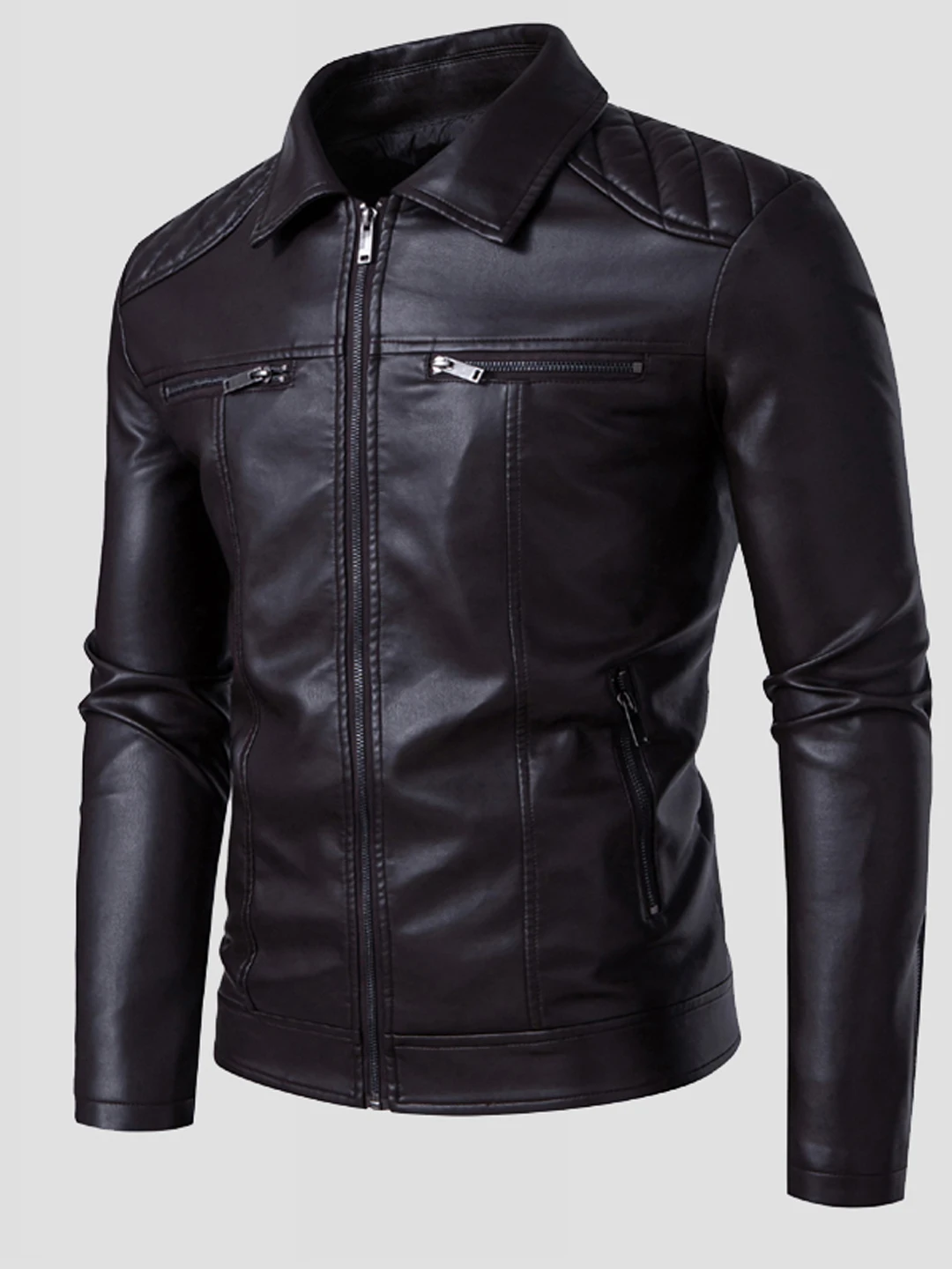 

Busin Casual Loose Fit Men's Biker Leather Jaet with Multiple kets Faionable Urban Sle Long Sve Zipper Dig Bag