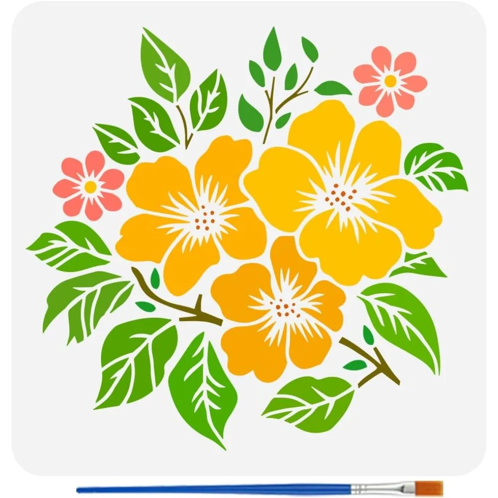 Country Garden Flowers Stencil for Painting with Brush 11.8x11.8inch Reusable Azalea Flowers Template Hollowed Branches Leaves
