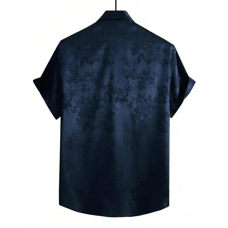Men's Cleanfit Satin Shirt with Embroidery PU Leather Fleece Lined Cuban Collar Three-quarter Sleeve Shirt for Summer