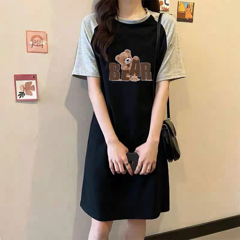Summer Trend European and American Style Bear Print Comfortable and Casual Round-neck Dress for Pregnant Women