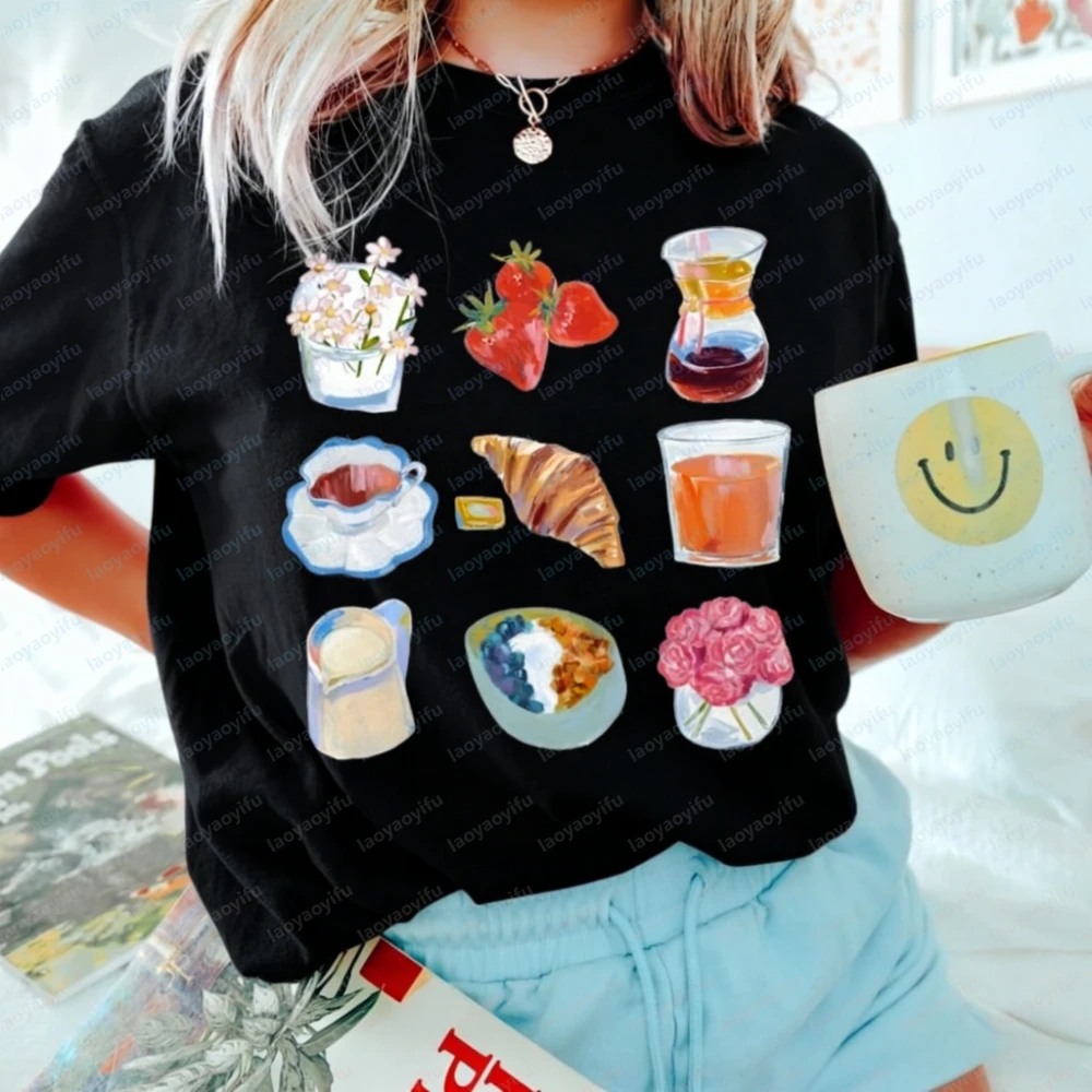 Camiseta de algodón con diseño de croissant de Breakfast Club, estilo preppy, retro, francés, para amantes de la repostería y el café, regalo para amantes de la comida, camiseta para el brunch y el club social
