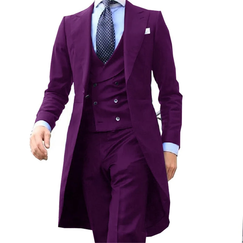 Królewski niebieski długi płaszcz 3-częściowy Gentleman Man Suit Smoking Da Sposo Moda Maschile Per Giacca Da Ballo Da Sposa Gilet Con
