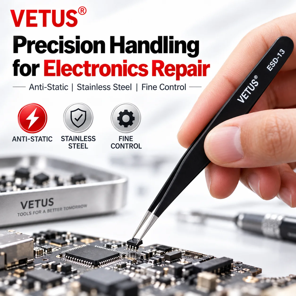 VETUS ESD Antistatische Präzisionspinzette aus Edelstahl ESD10 ESD11 ESD12 ESD13 ESD14 ESD15 für PCB-Lötarbeiten und Elektronikreparaturen – Detail 2