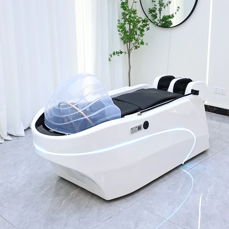 

New Design Beauty Salon Furniture Luxury Lay Down Massage Washing Bed Modern White Electric Shampoo Chair with Steamer