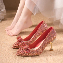 Fad Crystal High Heels Shoes Sweet Bow Mary Jane Sandals Women 2024 New Autumn Sexy Dress Party Pumps Shallow Lolita Mujer Shoes