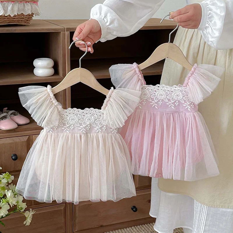 2026 New Summer 0-24M Children Clothes Newborn Baby Girl Romper Flying sleeve cotton mesh splicing Toddler Baby Girls Jumpsuit
