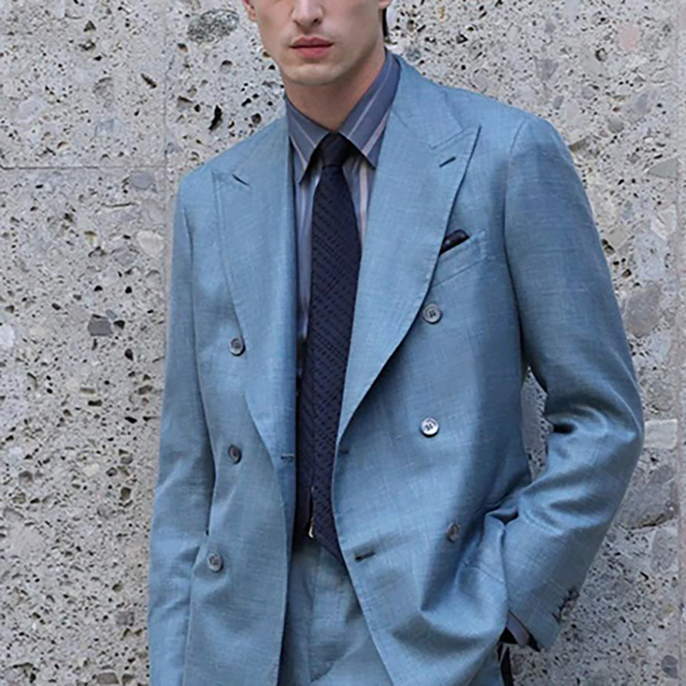 

Men's Sky Blue Suits 2 Piece Set Casual Blazer with Pants Double-breasted Peaked Lapel Summer Wedding Guest Resort Wear