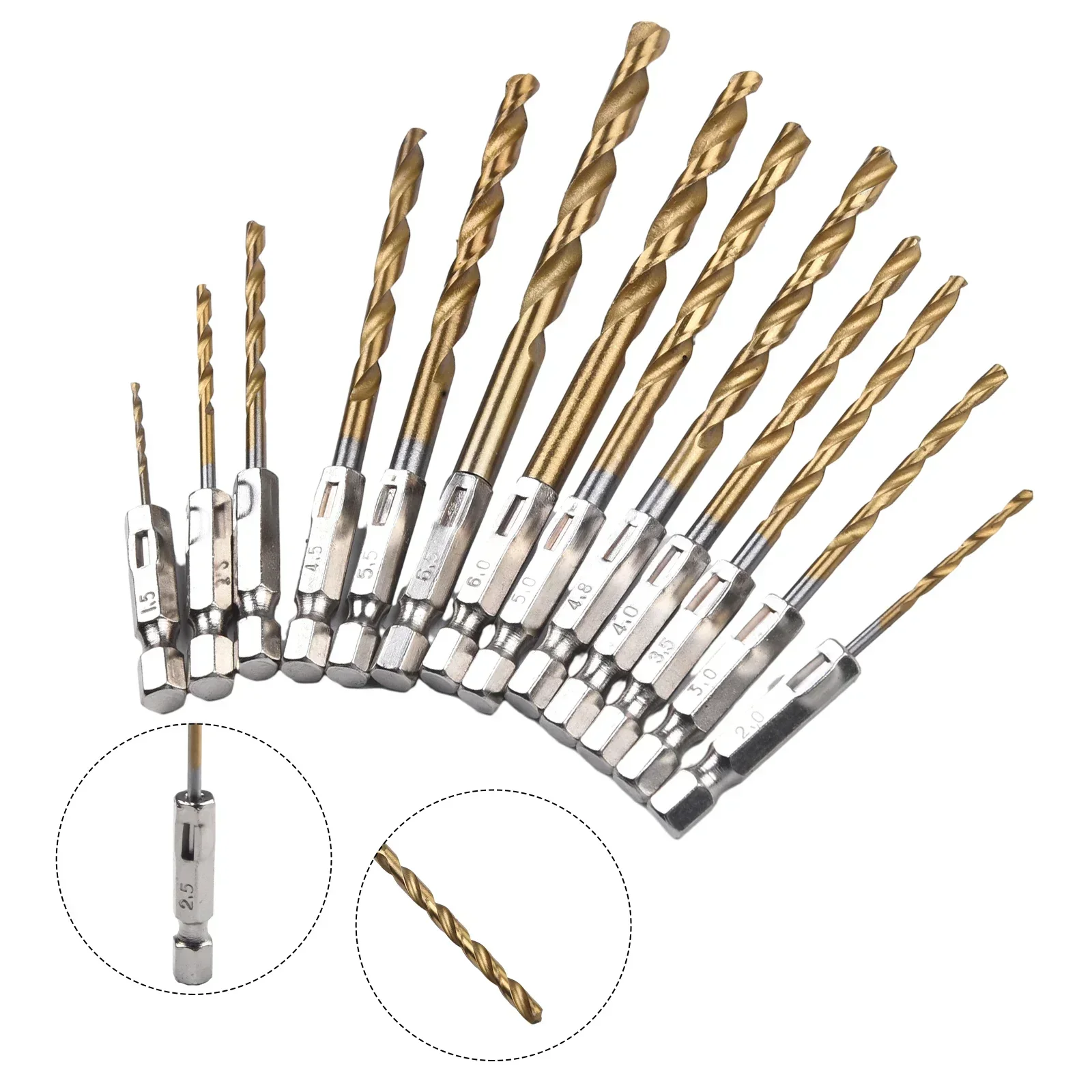 

HSS High Speed Steel Drill Bit Collection of 13 Pieces Featuring a Nitride Coating and Convenient Hex Shank Design