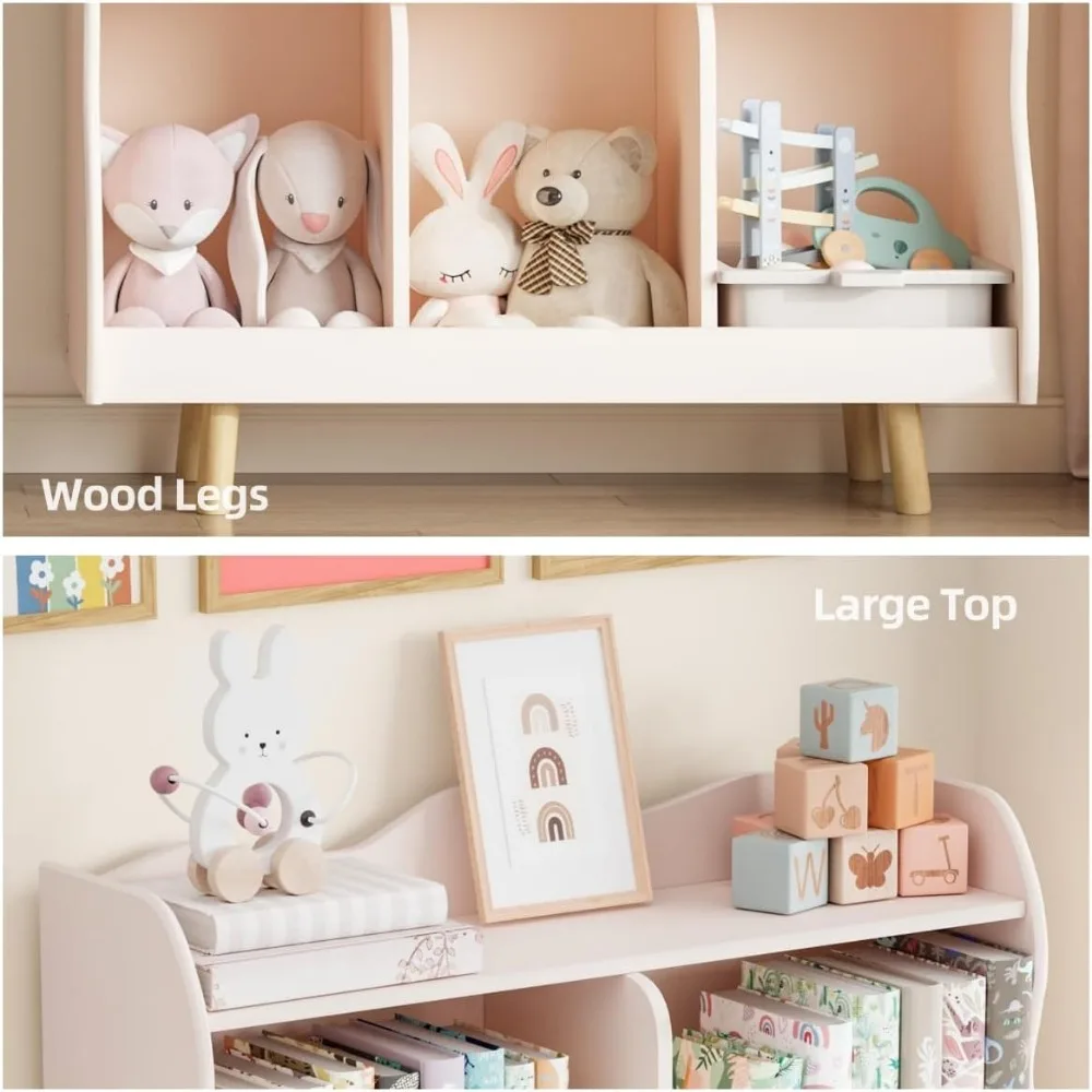 رف كتب خشبي منحني للأطفال مكون من 3 طبقات ومنظم ألعاب مع 5 مكعبات تخزين