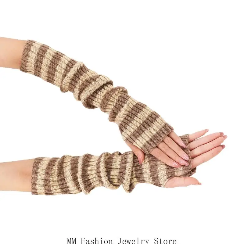 D0UB Mode gestreifte halbe Fingerhandschuhe gestrickte Manschetten kaltes Wetteraktivität