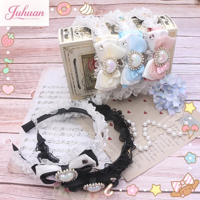 Japanese handmade original sweet and cute French little romantic bow rhinestone lace edge headband hair accessories women
