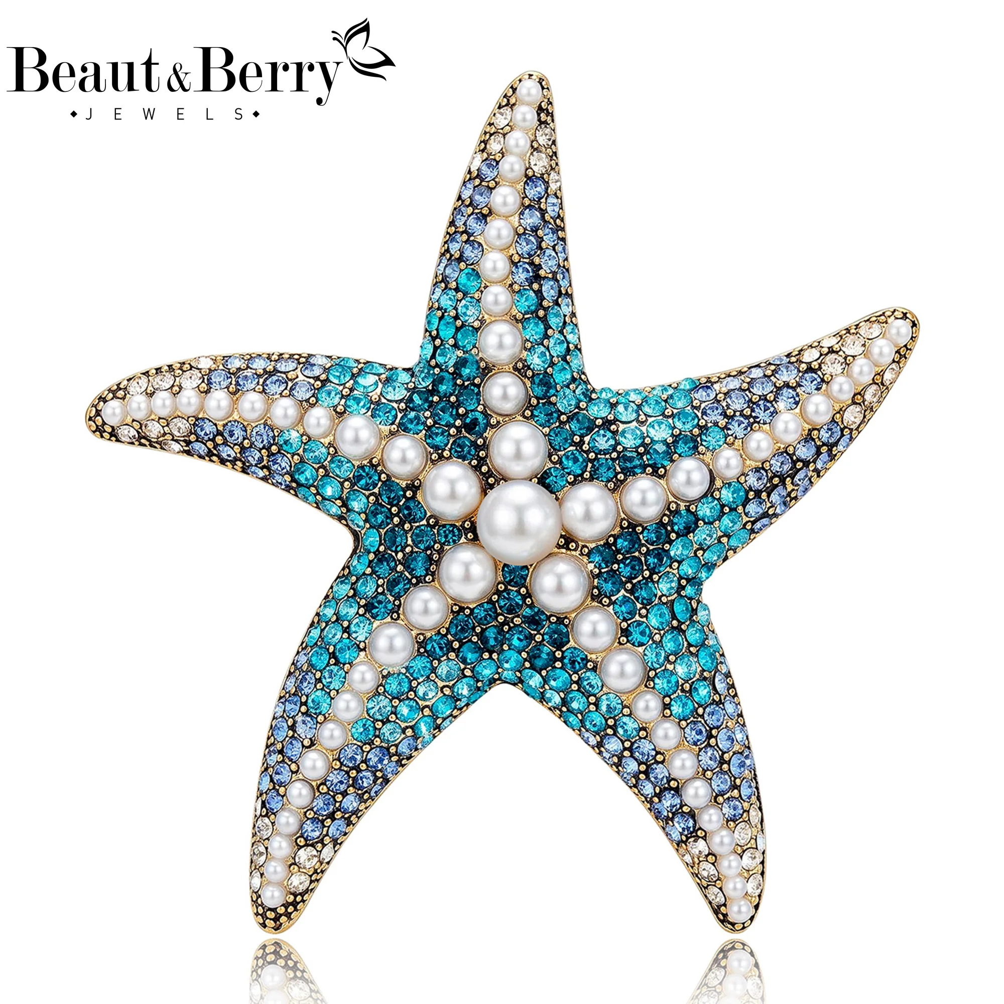 Beaut&Berry Luxury Rhinestone Pearl Starfish Brooches for Women Unisex Marine Life Pins Casual Party Jewelry Accessories Gifts