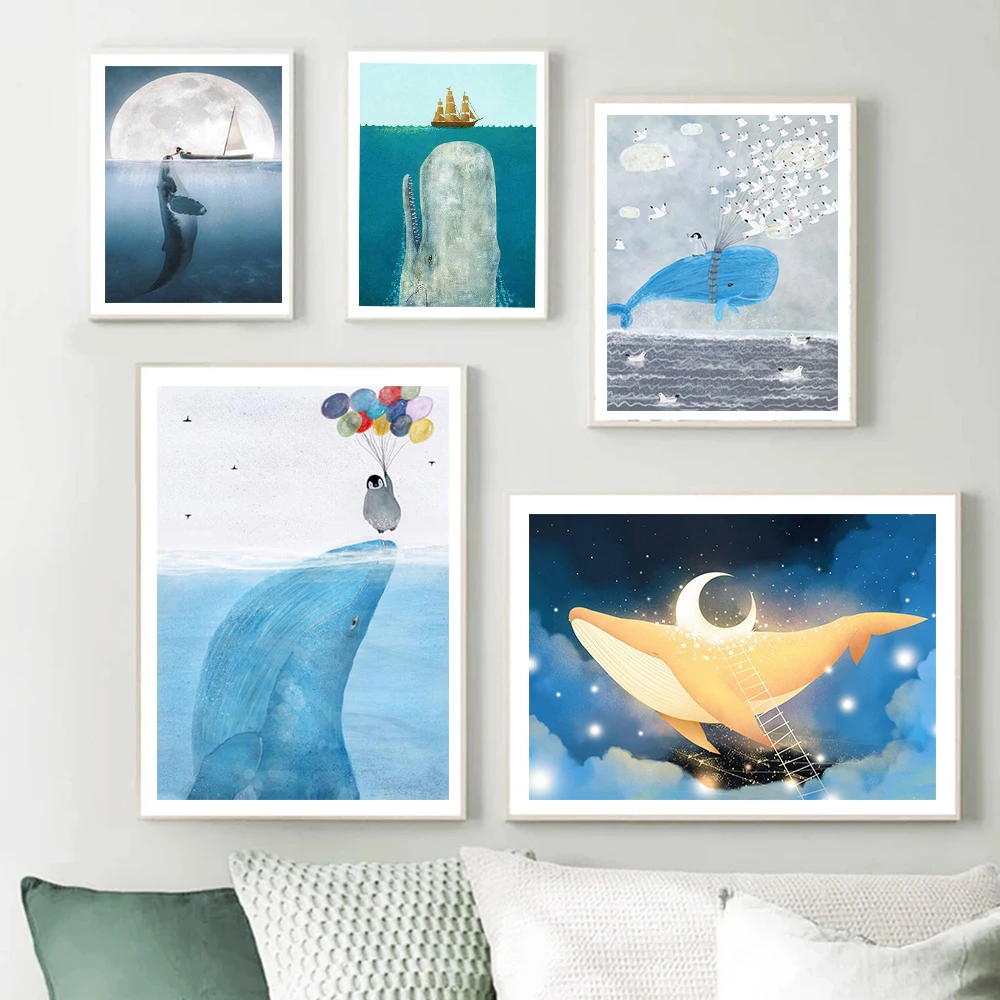 

Blue Whale Seascape Illustration Poster Prints Nursery Kids Bedroom Home Decor Cartoon Animal Canvas Painting Wall Art Cuadros