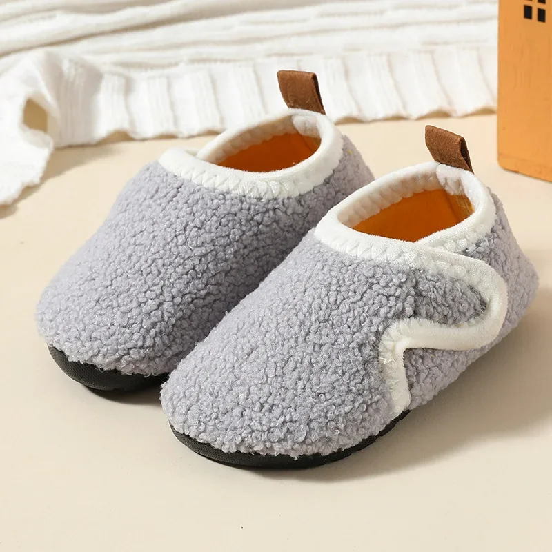 Pantuflas Child Cotton Slippers Solid Warm Kid Winter Home Shoe Boy Girl Plush Floor Shoe Indoor Soft Sole Anti-slip Cotton Shoe